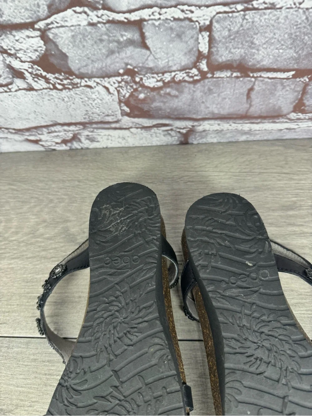 Abeo Neutral Black Leather Cheri Beaded Orthotic Comfort Buckle Sandals Women 7N